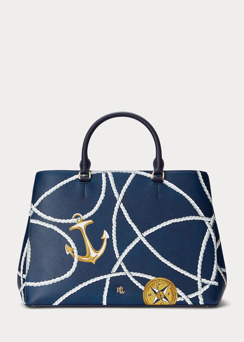 Torebka Lauren Damska Niebieskie Crosshatch Skórzane Large Hanna Satchel 286390-LJR